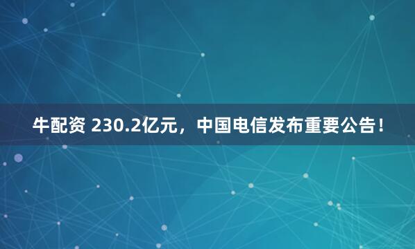 牛配资 230.2亿元，中国电信发布重要公告！